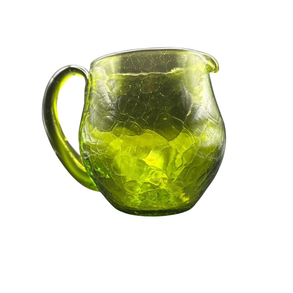 Vtg Blenko Green Crackle Glass Hand Blown Squat Pitcher Applied Handle And Spout